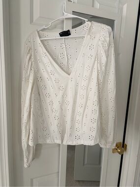 ASOS White Eyelet V-Neck Long Sleeve Blouse